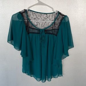 Emerald green blouse with flutter sleeves & lace